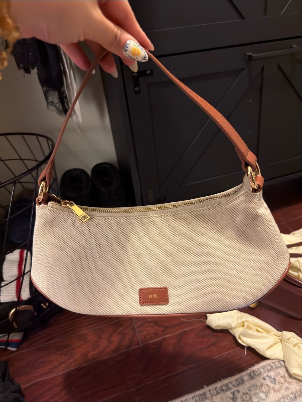 JW PEI Cream Canvas Shoulder Bag with Brown Trim